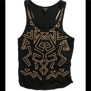 Lucky Brand Black Racerback Tank Top with Boho Tan Embroidering. Sz M.